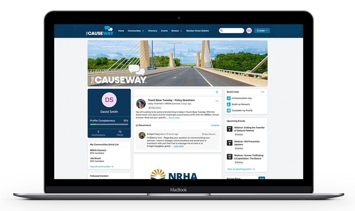 Screen mockup of MRHA's Causeway community platform